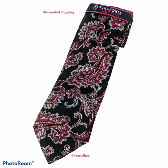 Silk Tie NWT Scotchguard Stain Resistant Red Black Silver Paisley Tie - Picture 6 of 12